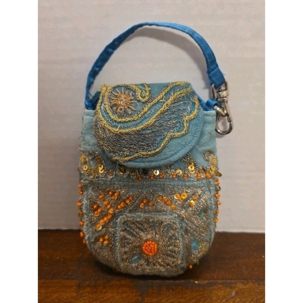 WorldFinds Artisan Boho Embroidered Sequin Mini Phone Bag Pouch With Clip Strap